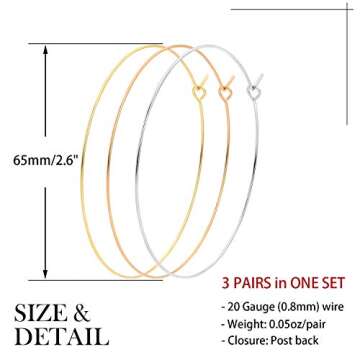 Gold Hoop Earrings Rose Gold Thin Hoop Earrings Big Wire Silver Hoop Earrings Stainless Steel Simple Hoops 3 Pairs Circle Earrings Set for Women- 65mm