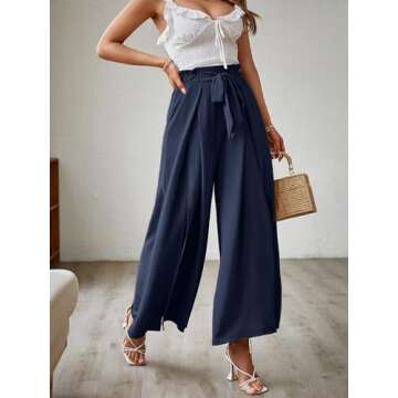 Simplee Women's Casual Split Wide Leg Pants High Waist Palazzo Flowy Beach Pants Summer Boho Lounge ...