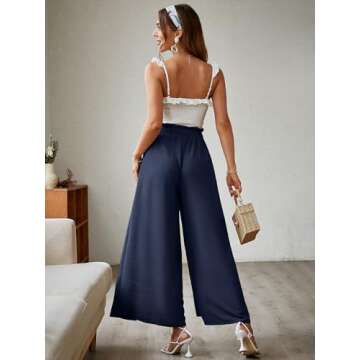 Simplee Women's Casual Split Wide Leg Pants High Waist Palazzo Flowy Beach Pants Summer Boho Lounge Pants with Pockets（S Navy Blue）