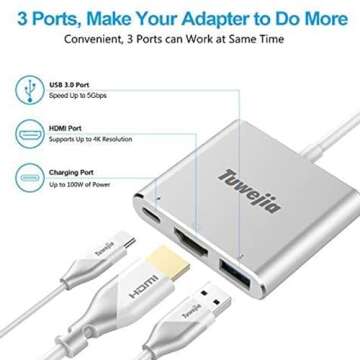 Tuwejia USB C to HDMI Multiport Adapter - 4K HDMI, USB 3.0 and Charging Hub