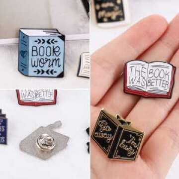 7pcs Cartoon Books Enamel Pins with Beige Velvet Bag, Magic Book Badges Cute Collar Brooch Decorative Lapel Pins for Backpack Clothing Learning Graduation Gifts for Teacher Student Readers Book Lovers(SET A)