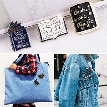 7pcs Cartoon Books Enamel Pins with Beige Velvet Bag, Magic Book Badges Cute Collar Brooch Decorative Lapel Pins for Backpack Clothing Learning Graduation Gifts for Teacher Student Readers Book Lovers(SET A)