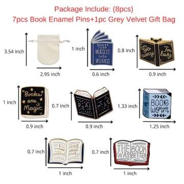 7pcs Cartoon Books Enamel Pins with Beige Velvet Bag, Magic Book Badges Cute Collar Brooch Decorative Lapel Pins for Backpack Clothing Learning Graduation Gifts for Teacher Student Readers Book Lovers(SET A)