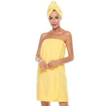 Knuffnee Women's Bath Wrap Velcro Towel Shower Spa Body Wrap Adjustable Closure Bathrobe Yellow XL