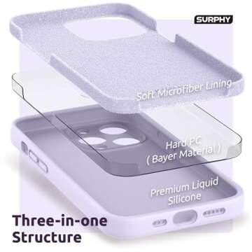 SURPHY Compatible with iPhone 13 Pro Case with Screen Protector, (Camera Protection & Soft Microfiber Lining) Liquid Silicone Phone Case 6.1 inch 2021, Light Lavender