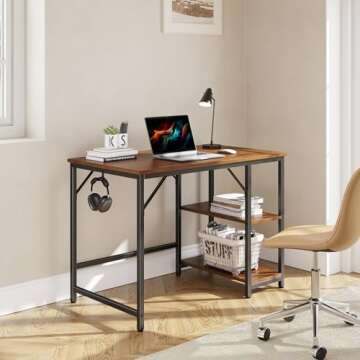 JOISCOPE Home Office Computer Desk with Wooden Storage Shelf, 2-Tier Industrial Modern Laptop Study ...