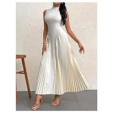 SOLY HUX Women's Maxi Dress Sleeveless Pleated A Line Mock Neck Flowy Long Dresses Plain Apricot Medium