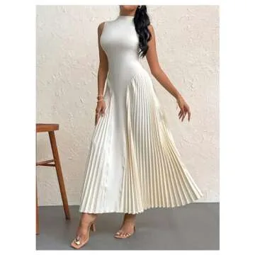 SOLY HUX Women's Maxi Dress Sleeveless Pleated A Line Mock Neck Flowy Long Dresses Plain Apricot Medium