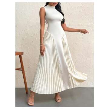 SOLY HUX Women's Maxi Dress Sleeveless Pleated A Line Mock Neck Flowy Long Dresses Plain Apricot Medium