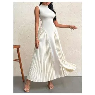 SOLY HUX Women's Maxi Dress Sleeveless Pleated A Line Mock Neck Flowy Long Dresses Plain Apricot Medium