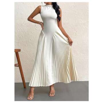 SOLY HUX Women's Maxi Dress Sleeveless Pleated A Line Mock Neck Flowy Long Dresses Plain Apricot Medium