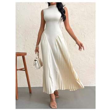 SOLY HUX Women's Maxi Dress Sleeveless Pleated A Line Mock Neck Flowy Long Dresses Plain Apricot Medium