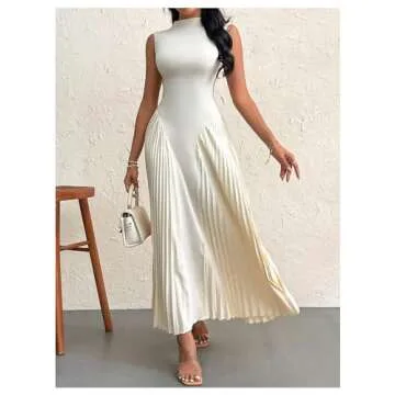 SOLY HUX Women's Maxi Dress Sleeveless Pleated A Line Mock Neck Flowy Long Dresses Plain Apricot Medium