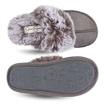 Jessica Simpson Girls Comfy Slippers - Cute Faux Fur Slip-on Shoes Memory Foam House Slipper, Grey, Large