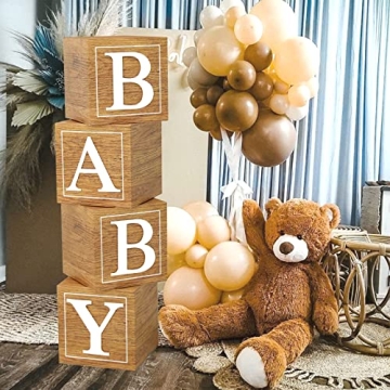 Baby Shower Boxes Birthday Party Decorations - 4 Wood Grain Brown Stereoscopic Blocks with BABY Lett...
