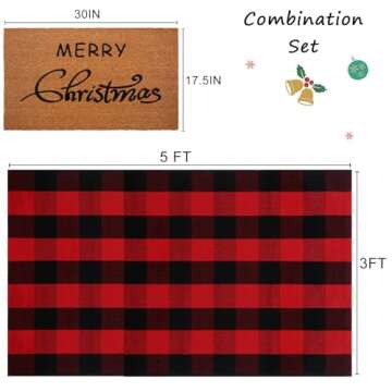 Christmas Door Mat Combo Set - 100% Coco Coir Welcome Mat + 3' x 5' Red and Black Plaid Rug, Christm...