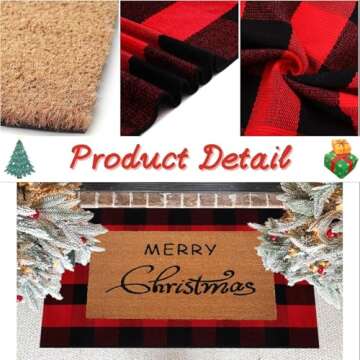 Christmas Door Mat Combo Set - 100% Coco Coir Welcome Mat + 3' x 5' Red and Black Plaid Rug, Christmas New Year Holiday Collection Doormat for Front Porch Entryway Decorative