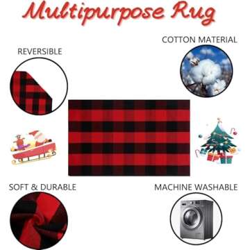 Christmas Door Mat Combo Set - 100% Coco Coir Welcome Mat + 3' x 5' Red and Black Plaid Rug, Christmas New Year Holiday Collection Doormat for Front Porch Entryway Decorative