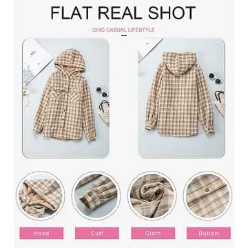 Dokotoo Shacket Jacket Women Fashion Plaid Oversized Hooded Long Sleeve Flannel Shirts Button Down Sherpa Coats Pocketed Casual Winter Fall 2024 Thick Fleece Lined Oversized Outerwear Khaki L