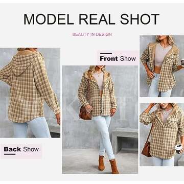 Dokotoo Shacket Jacket Women Fashion Plaid Oversized Hooded Long Sleeve Flannel Shirts Button Down Sherpa Coats Pocketed Casual Winter Fall 2024 Thick Fleece Lined Oversized Outerwear Khaki L