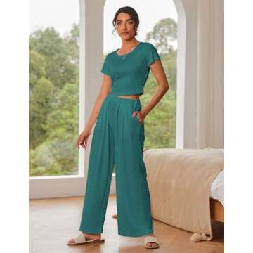 Ekouaer Women's 2 Piece Lounge Sets Short Sleeve Pajama Set Ribbed Knit Crop Top Wide Leg Pants Loungewear,Dark Teal Green,XXL