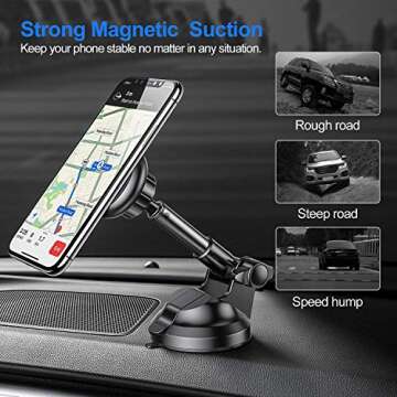Magnetic Phone Car Mount, 6 Strong Magnets Phone Holder for Car Dashboard and Windshield, 360° Rotation & Metal Telescopic Arm, Hands-Free Car Phone Holder Compatible with 3''-7'' Phone, iPad（AINOPE）