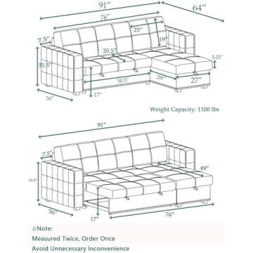 Morden Fort Sectional Sleeper Sofa with Pull Out Bed Storage, Queen Size 91 inches Sofa Bed, L-Shape Sectional Couch with Comfy Chaise Seat Sectional Sleeper Couch for Living Room, Velvet Grey