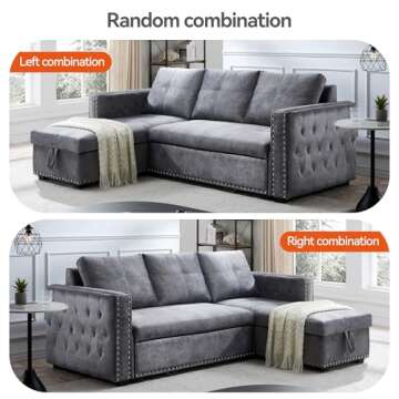 Morden Fort Sectional Sleeper Sofa with Pull Out Bed Storage, Queen Size 91 inches Sofa Bed, L-Shape Sectional Couch with Comfy Chaise Seat Sectional Sleeper Couch for Living Room, Velvet Grey