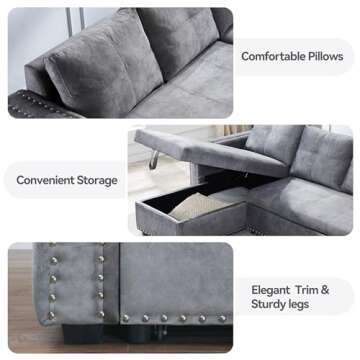 Morden Fort Sectional Sleeper Sofa with Pull Out Bed Storage, Queen Size 91 inches Sofa Bed, L-Shape Sectional Couch with Comfy Chaise Seat Sectional Sleeper Couch for Living Room, Velvet Grey