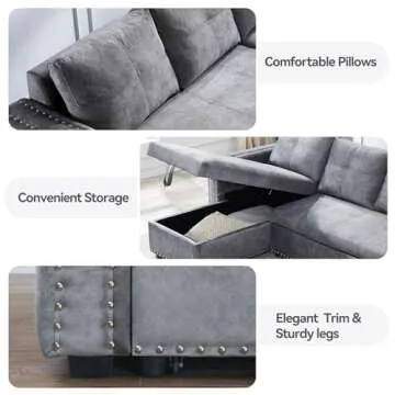 Morden Fort Sectional Sleeper Sofa with Pull Out Bed Storage, Queen Size 91 inches Sofa Bed, L-Shape Sectional Couch with Comfy Chaise Seat Sectional Sleeper Couch for Living Room, Velvet Grey