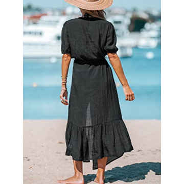 CUPSHE Women Open-Front Cover-Up Kimono Short Sleeves Cover Up Dress Casual Summer Longline Hem Cover Ups,S Black