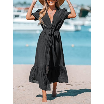 CUPSHE Women Open-Front Cover-Up Kimono Short Sleeves Cover Up Dress Casual Summer Longline Hem Cover Ups,S Black