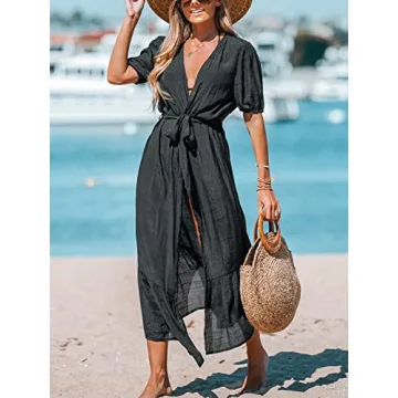 CUPSHE Women Open-Front Cover-Up Kimono Short Sleeves Cover Up Dress Casual Summer Longline Hem Cover Ups,S Black