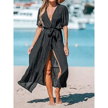 CUPSHE Women Open-Front Cover-Up Kimono Short Sleeves Cover Up Dress Casual Summer Longline Hem Cover Ups,S Black
