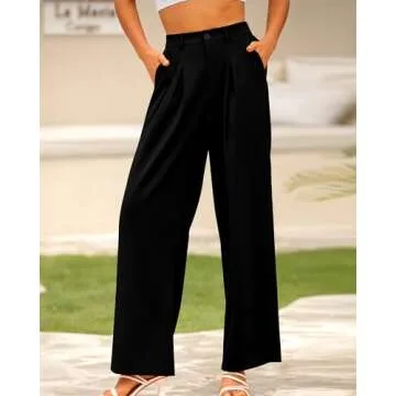 BTFBM Women High Waist Palazzo Pants Casual Wide Leg Trousers Button Down Loose Work Office Business Suit Pant Pockets(Solid Black, Medium)
