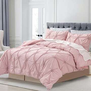 SLEEPBELLA Luxury Ruched Floral Pintuck 3pcs Brush King Comforter Sets, Soft Microfiber Inner Fill Down Alternative Shabby Chic Bedding Set Rose Pink