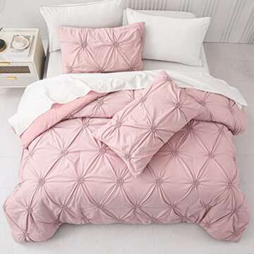 SLEEPBELLA Luxury Ruched Floral Pintuck 3pcs Brush King Comforter Sets, Soft Microfiber Inner Fill Down Alternative Shabby Chic Bedding Set Rose Pink