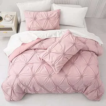 SLEEPBELLA Luxury Ruched Floral Pintuck 3pcs Brush King Comforter Sets, Soft Microfiber Inner Fill Down Alternative Shabby Chic Bedding Set Rose Pink