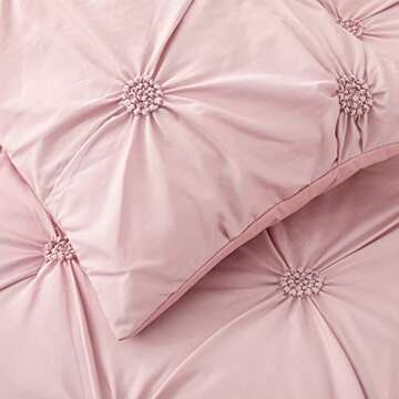 SLEEPBELLA Luxury Ruched Floral Pintuck 3pcs Brush King Comforter Sets, Soft Microfiber Inner Fill Down Alternative Shabby Chic Bedding Set Rose Pink