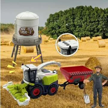 Peagprav Farm Animals Toys Set Barn Toy Combine Harvester Tractor with Trailer Horse Stable Grain Bins Horse Cow Farmer Figures Fence Playset for Kids Toddlers Boy Girl 3-7 Years Old
