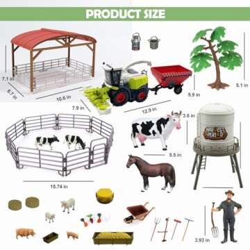 Peagprav Farm Animals Toys Set Barn Toy Combine Harvester Tractor with Trailer Horse Stable Grain Bins Horse Cow Farmer Figures Fence Playset for Kids Toddlers Boy Girl 3-7 Years Old