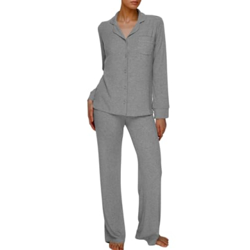 AnotherChill Women's Pajamas Set Long Sleeve Button Down Ribbed Knit 2 Piece Sleep Sets Loungewear S...