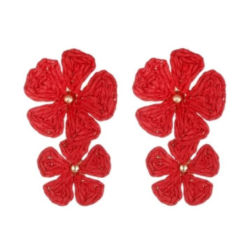 RUOFFETA Raffia Flower Earrings, Raffia Straw Wrapped Flower Drop Dangle Earrings Summer Tropical Be...
