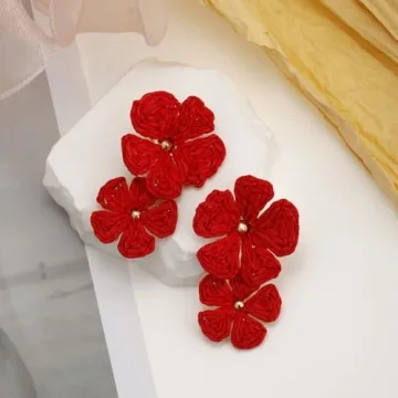 RUOFFETA Raffia Flower Earrings, Raffia Straw Wrapped Flower Drop Dangle Earrings Summer Tropical Beach Jewelry(Red B)