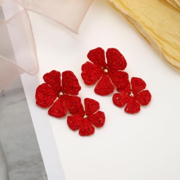 RUOFFETA Raffia Flower Earrings, Raffia Straw Wrapped Flower Drop Dangle Earrings Summer Tropical Beach Jewelry(Red B)
