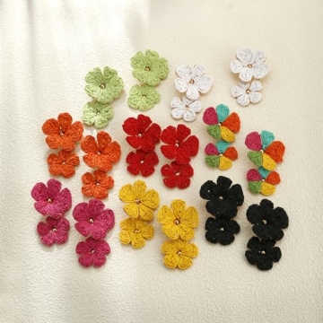 RUOFFETA Raffia Flower Earrings, Raffia Straw Wrapped Flower Drop Dangle Earrings Summer Tropical Beach Jewelry(Red B)