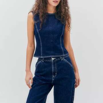 Women Y2K Halter Denim Top - Backless Tie Back Slim Fit Jean Vest for Summer