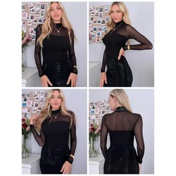 Zeagoo Women's Sexy Mock Turtle Neck Sheer Mesh Top