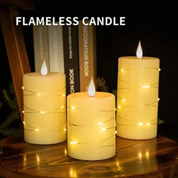 Flameless Battery Operated Flickering Valentine's Romantic Candle,with Embedded String Lights 3 Pack LED Electric Candle with 10-Key Remote Control, Dancing Flame, Real Wax(Batteries not Included)