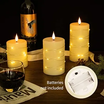 Flameless Battery Operated Flickering Valentine's Romantic Candle,with Embedded String Lights 3 Pack LED Electric Candle with 10-Key Remote Control, Dancing Flame, Real Wax(Batteries not Included)